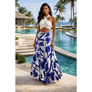 AGUACLARA Swimwear Maxi Skirt Sz M 100% Silk Shangri La Azul Peacock Resortwear